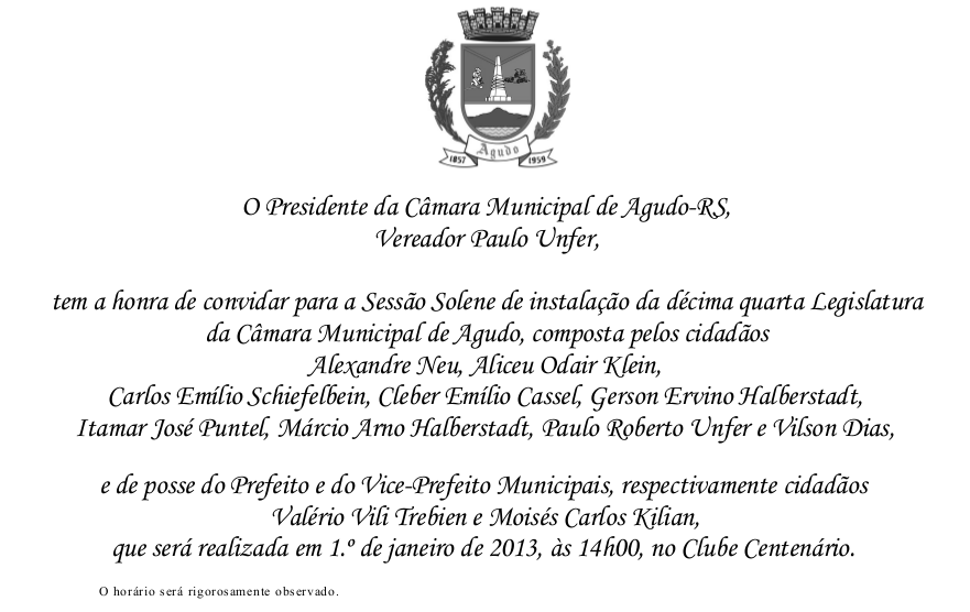 Câmara Municipal dará posse a novos Vereadores, Prefeito e Vice-Prefeito em Sessão Solene